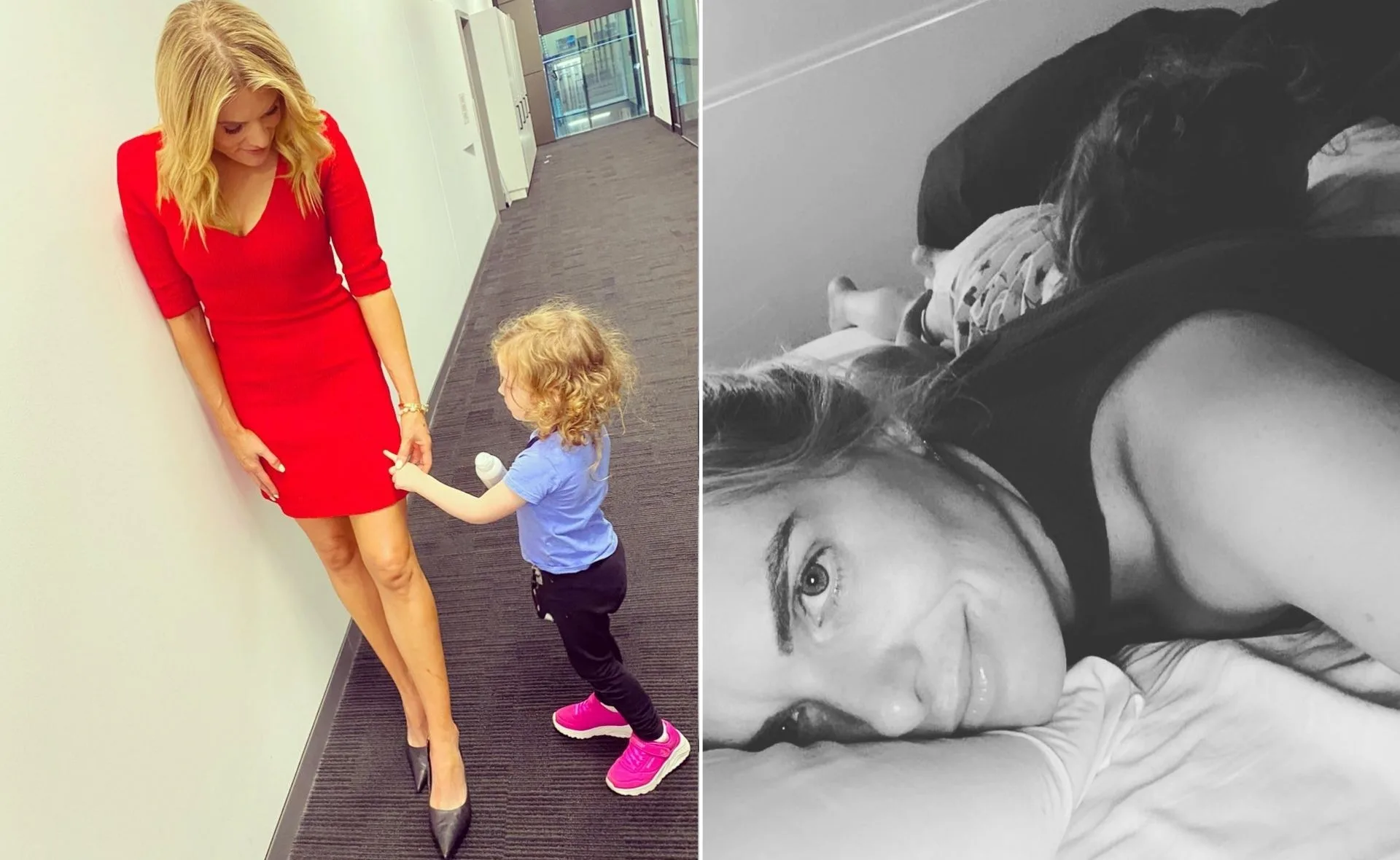 Blonde woman in red dress talking to a child; black and white image of woman smiling, lying on a bed.