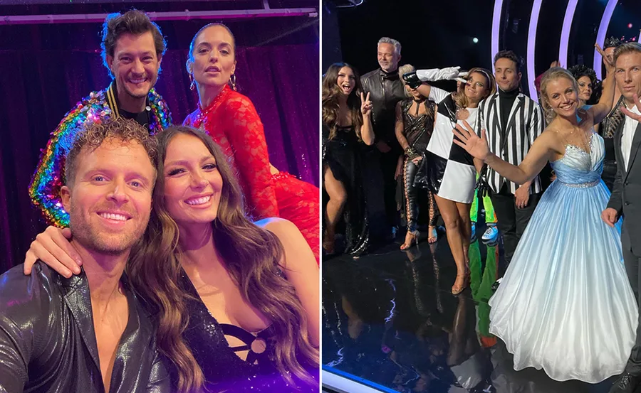 Group of "Dancing with the Stars" contestants smiling and in colorful costumes backstage, 2022 season.