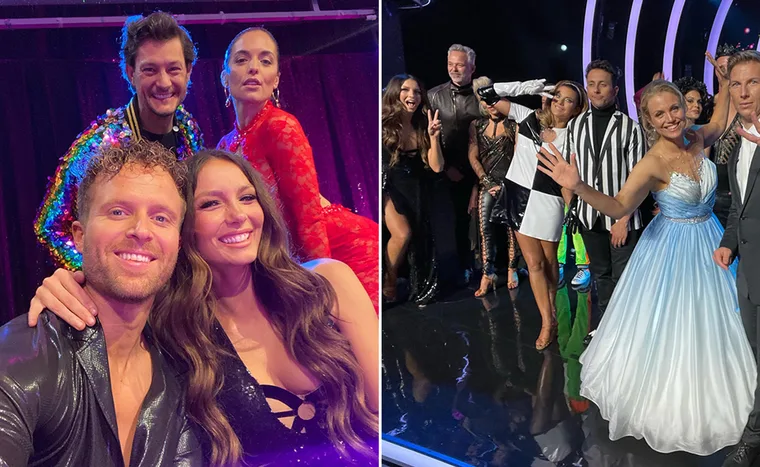 Group of "Dancing with the Stars" contestants smiling and in colorful costumes backstage, 2022 season.