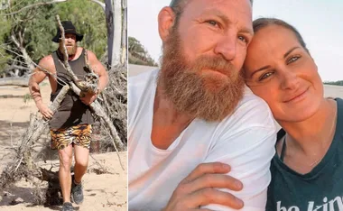 Man carrying branches in the desert; close-up of bearded man and woman outdoors.