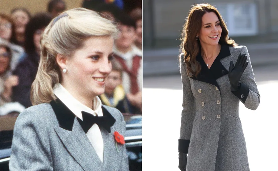 "Princess Diana and Kate Middleton both wearing similar grey coat dresses, side by side comparison."