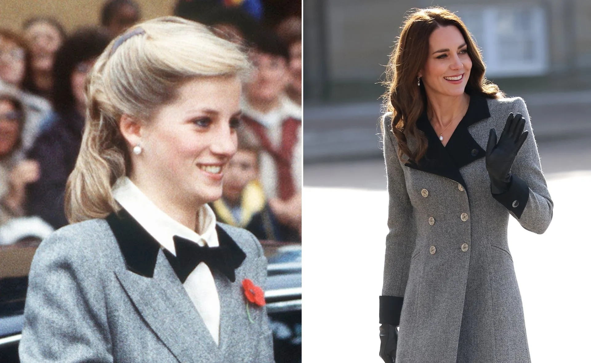 "Princess Diana and Kate Middleton both wearing similar grey coat dresses, side by side comparison."