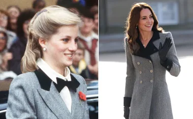"Princess Diana and Kate Middleton both wearing similar grey coat dresses, side by side comparison."