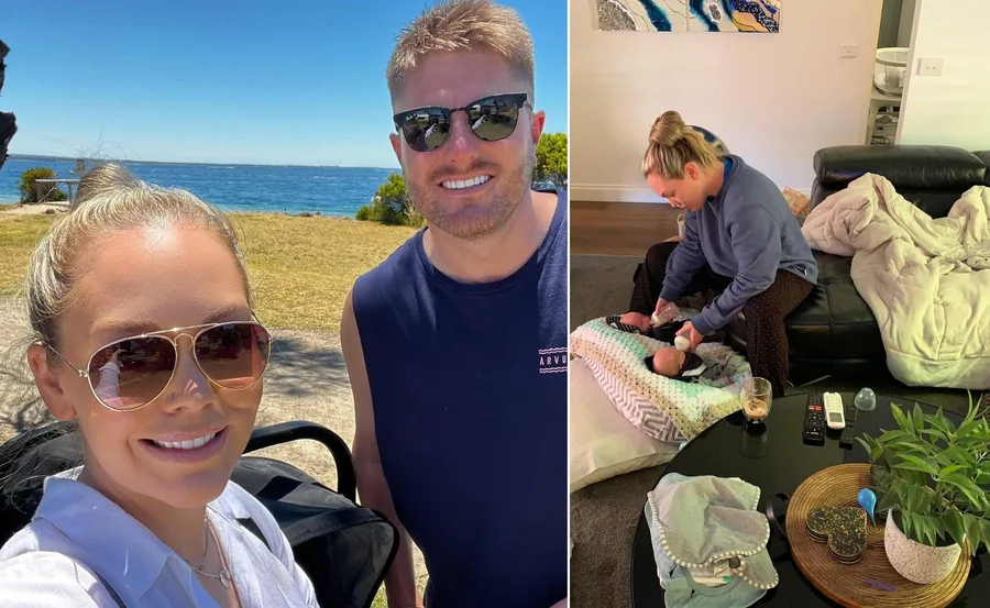 "Two images: A couple by the sea, and a woman feeding a baby indoors on a blanket, with a plant and remote on the table."