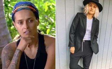 Split image shows a person in two different settings: outdoors with a headband and casually dressed with a hat indoors.