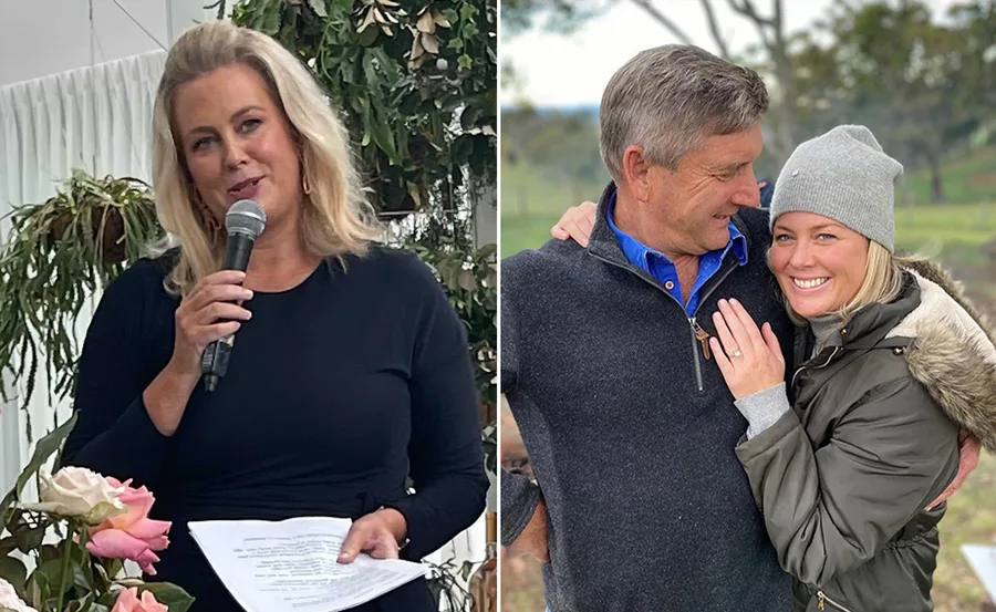 "Two images: a woman speaking at an event; a couple embracing outdoors, the woman wearing a gray beanie and smiling."