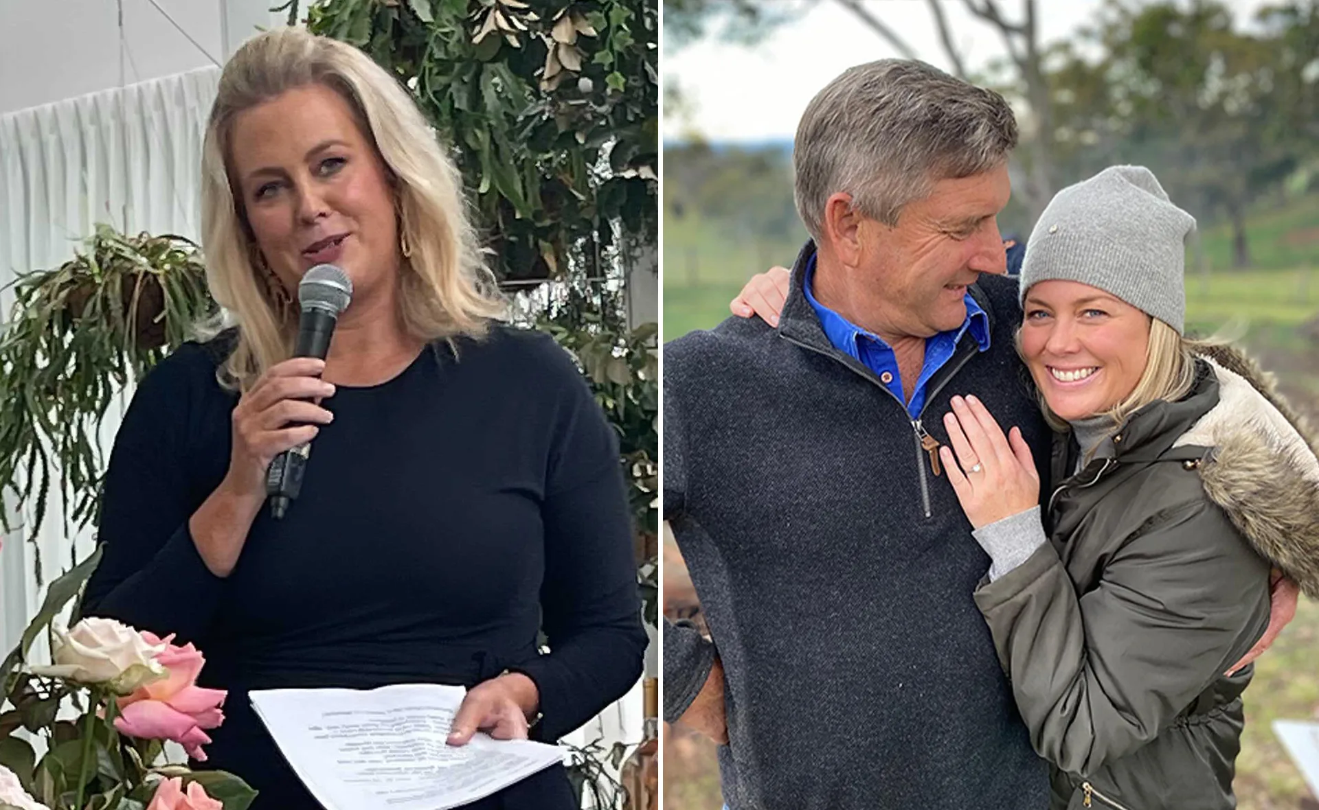 "Two images: a woman speaking at an event; a couple embracing outdoors, the woman wearing a gray beanie and smiling."