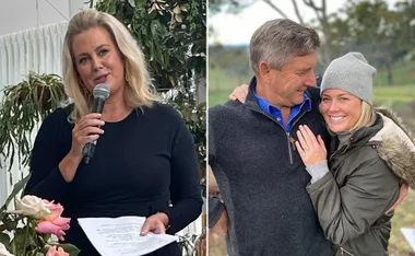 "Two images: a woman speaking at an event; a couple embracing outdoors, the woman wearing a gray beanie and smiling."