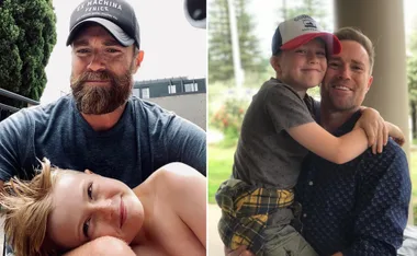 Father and son sharing happy moments; left: son resting on dad; right: son hugging dad, both outdoors.