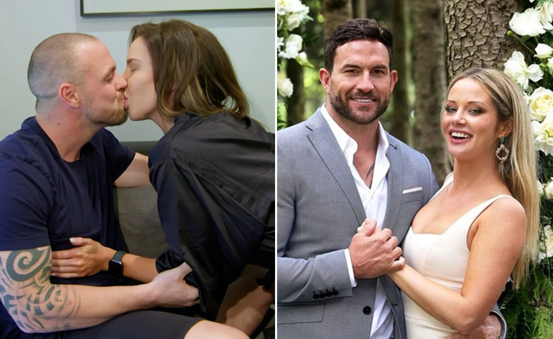 Couple shares a kiss on the left; another couple poses happily in wedding attire on the right.