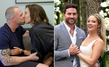 Couple shares a kiss on the left; another couple poses happily in wedding attire on the right.