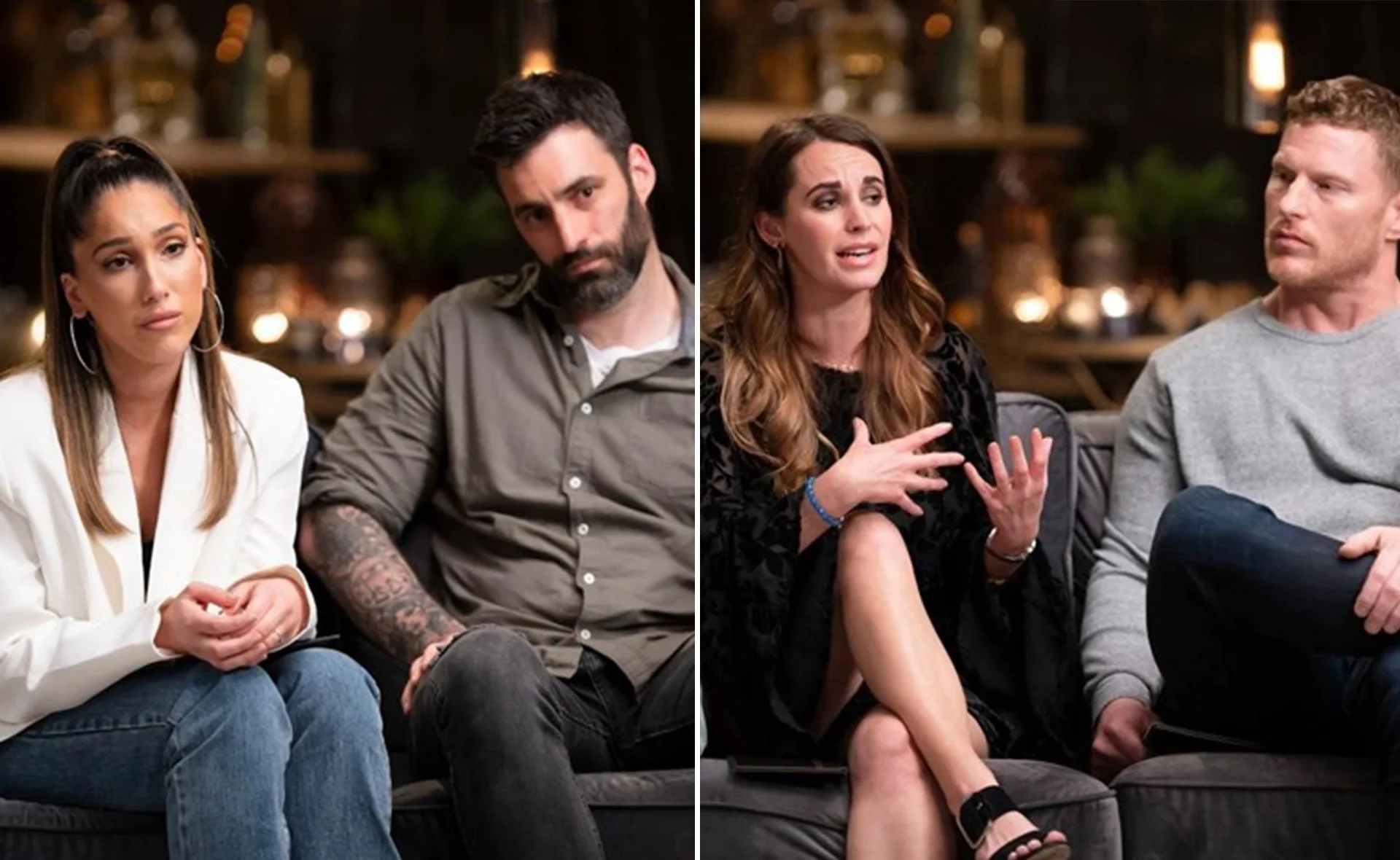Couples sitting on a couch, engaged in conversation on "Married at First Sight."