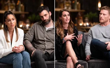 Couples sitting on a couch, engaged in conversation on "Married at First Sight."