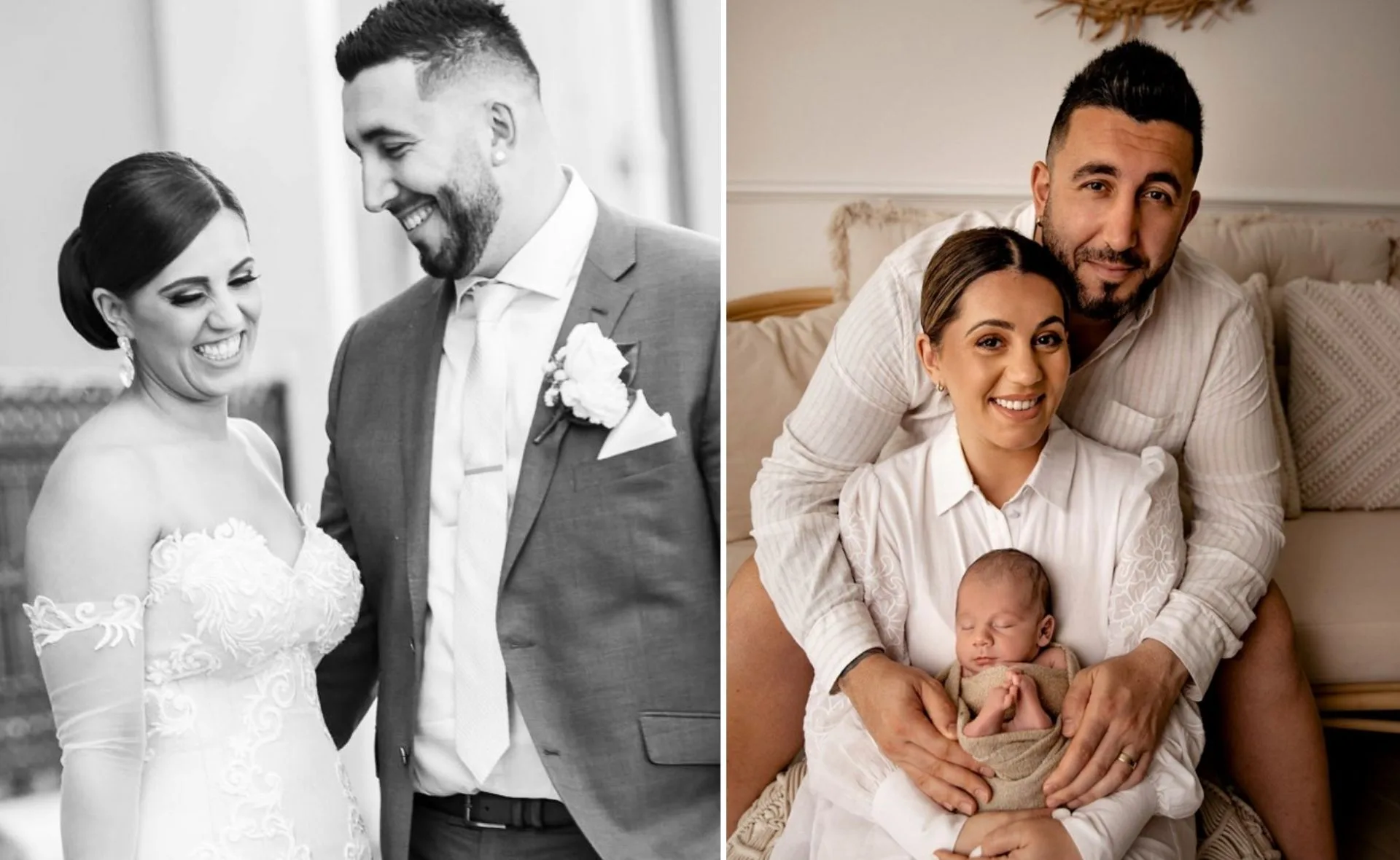 Couple on wedding day smiling; and with newborn baby in cozy indoor setting, parents smiling at camera.