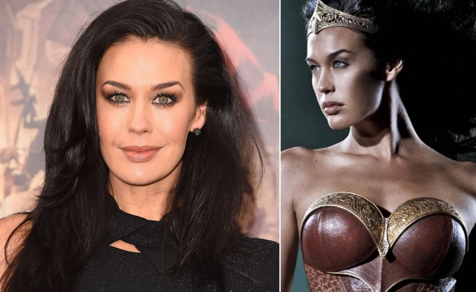 Split image of a woman. Left: dressed formally. Right: in a Wonder Woman costume with a crown.