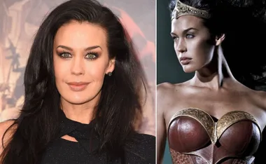 Split image of a woman. Left: dressed formally. Right: in a Wonder Woman costume with a crown.