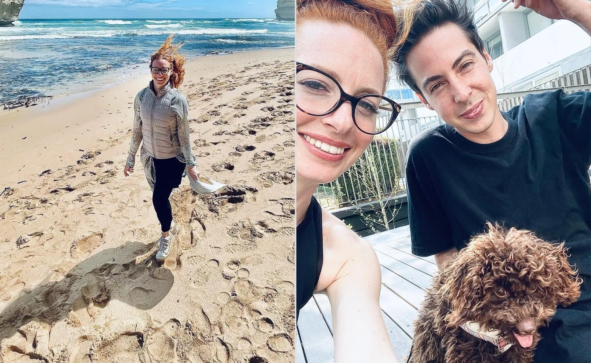 Woman walking on a sunny beach holding a hat; alongside, a smiling selfie with a man and a brown curly-haired dog.
