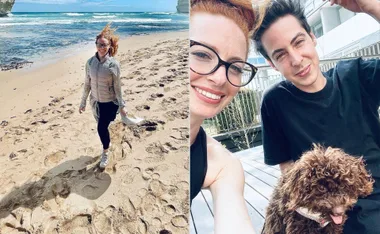 Woman walking on a sunny beach holding a hat; alongside, a smiling selfie with a man and a brown curly-haired dog.