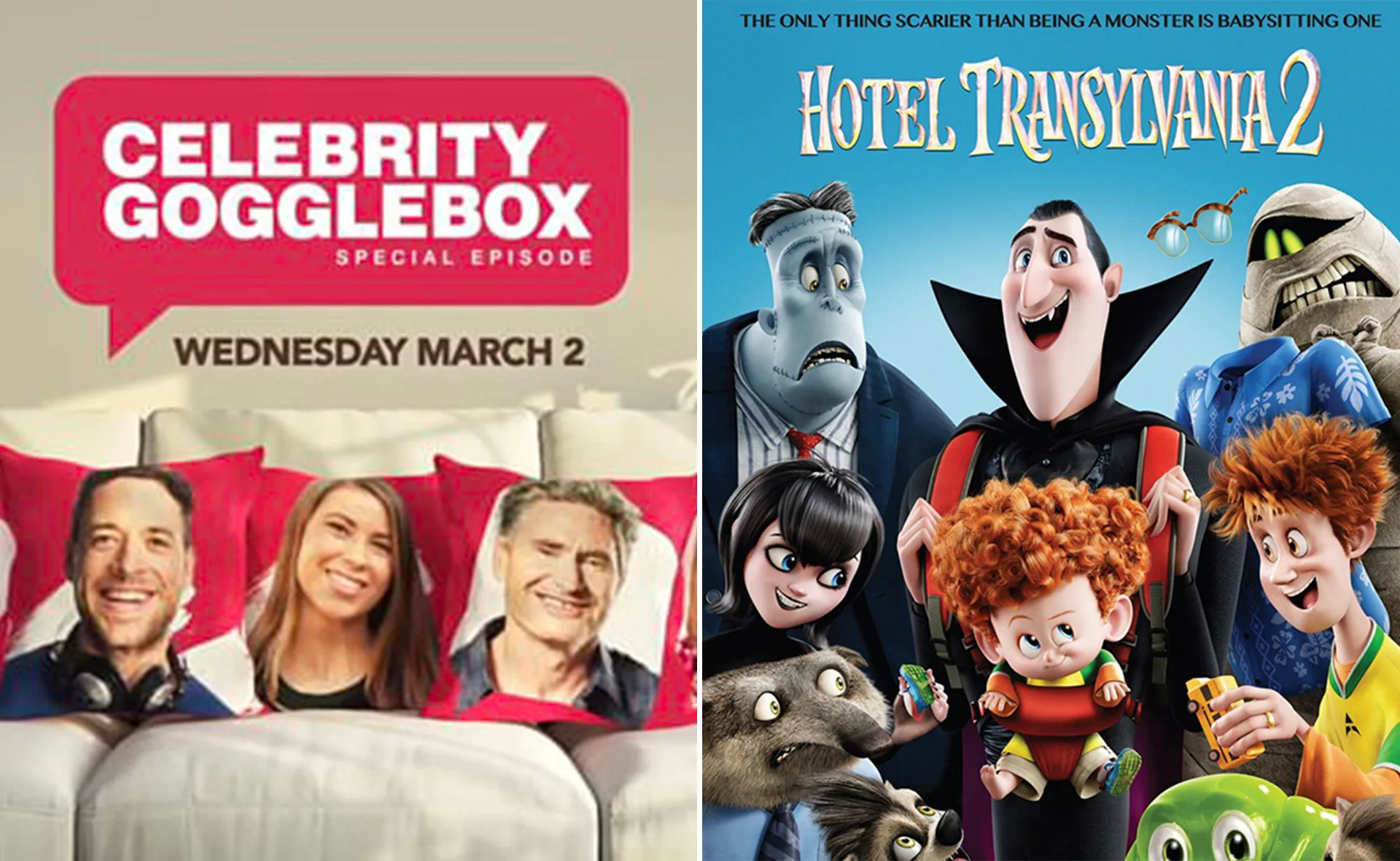 Split image of "Celebrity Gogglebox" special episode promo and "Hotel Transylvania 2" characters with Dracula and others.