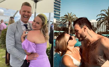 Couples enjoying time together; one pair at an event and the other in a pool with palm trees and buildings in the background.