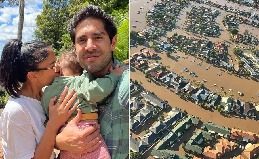 "Family poses outdoors; aerial view of flooded neighborhood with submerged houses and streets."