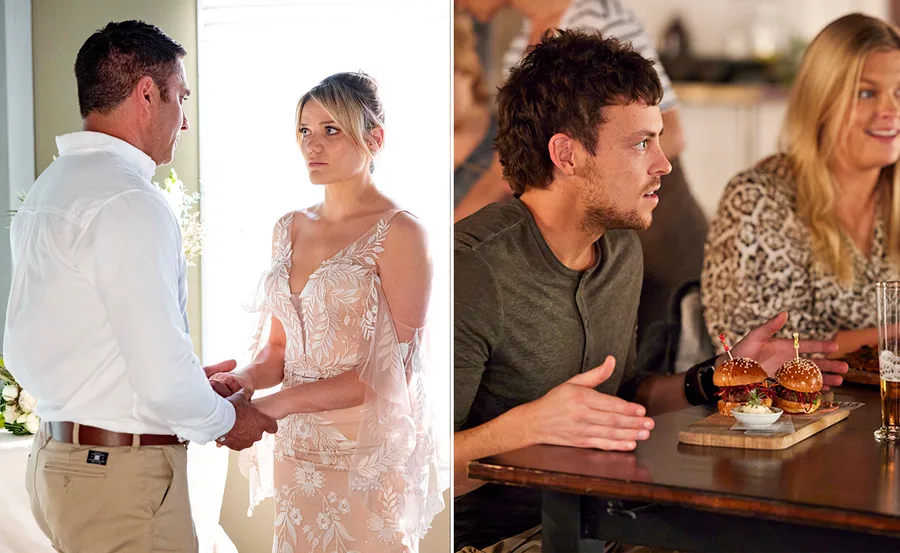 Ari and Mia have a serious conversation; Dean talks at a table with sliders in front of him, illustrated in a split image.