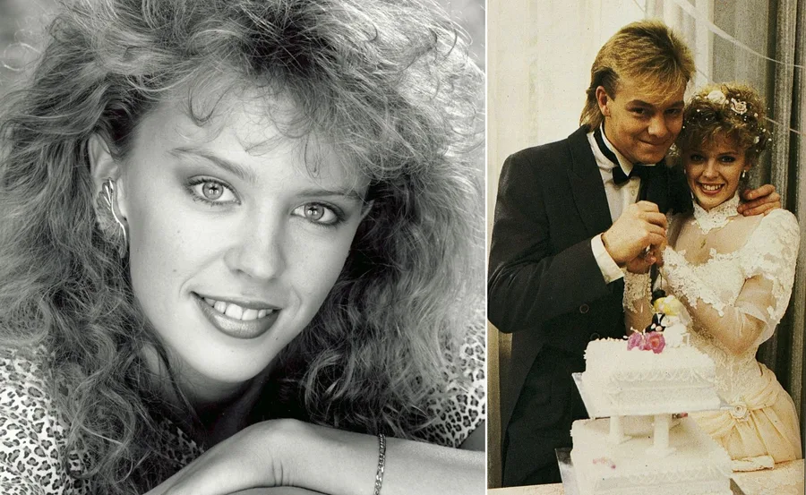 Kylie Minogue as Charlene from Neighbours; left: portrait, right: wedding scene with groom by cake.