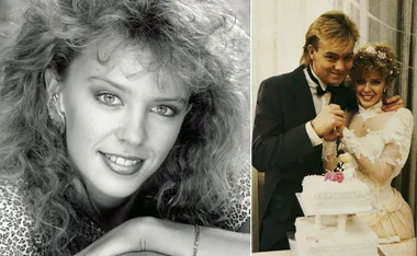Kylie Minogue as Charlene from Neighbours; left: portrait, right: wedding scene with groom by cake.
