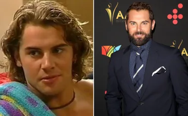 Split image of a man; on the left, young with curly hair, on the right, bearded and in a suit at an event.