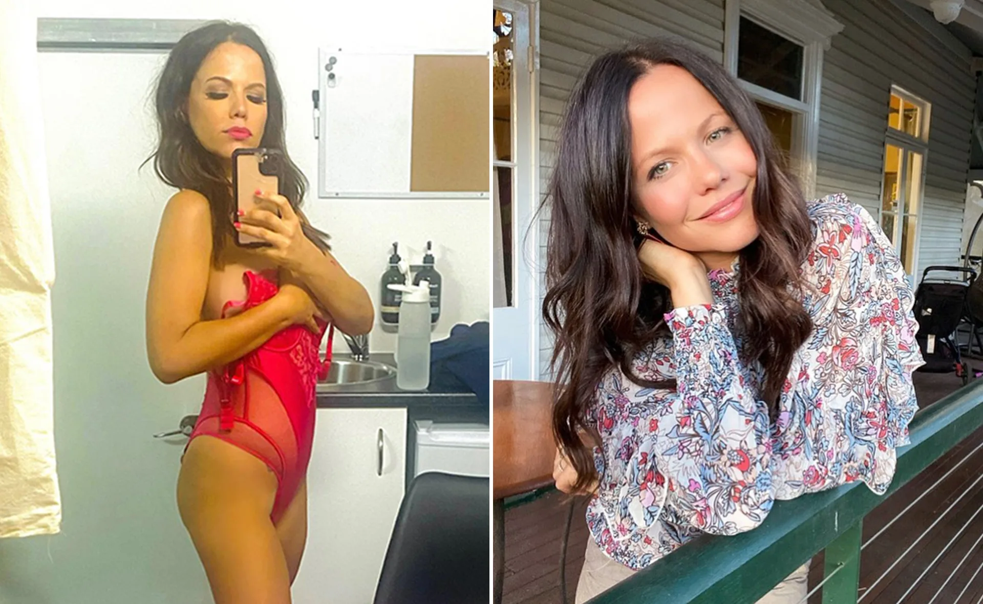Woman in red lingerie taking a selfie; same woman smiling outdoors in a floral blouse.