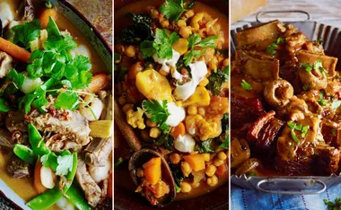 Three different stews: meat with vegetables, chickpea with garnish, and a rich beef stew with mushrooms, all garnished with herbs.