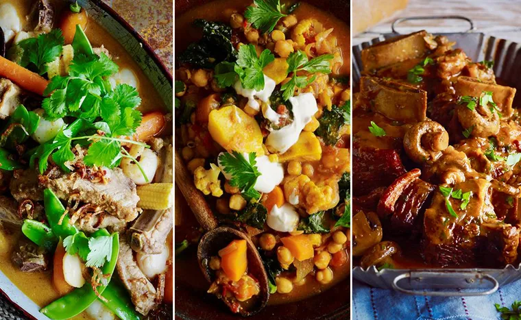 Three different stews: meat with vegetables, chickpea with garnish, and a rich beef stew with mushrooms, all garnished with herbs.