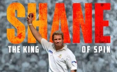 Shane Warne holding a cricket ball, with large "Shane: The King of Spin" text in the background.