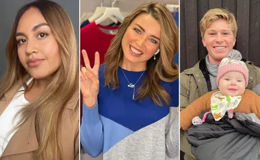 Celebrities smiling, one flashing a peace sign, another holding a baby in a pink hat.