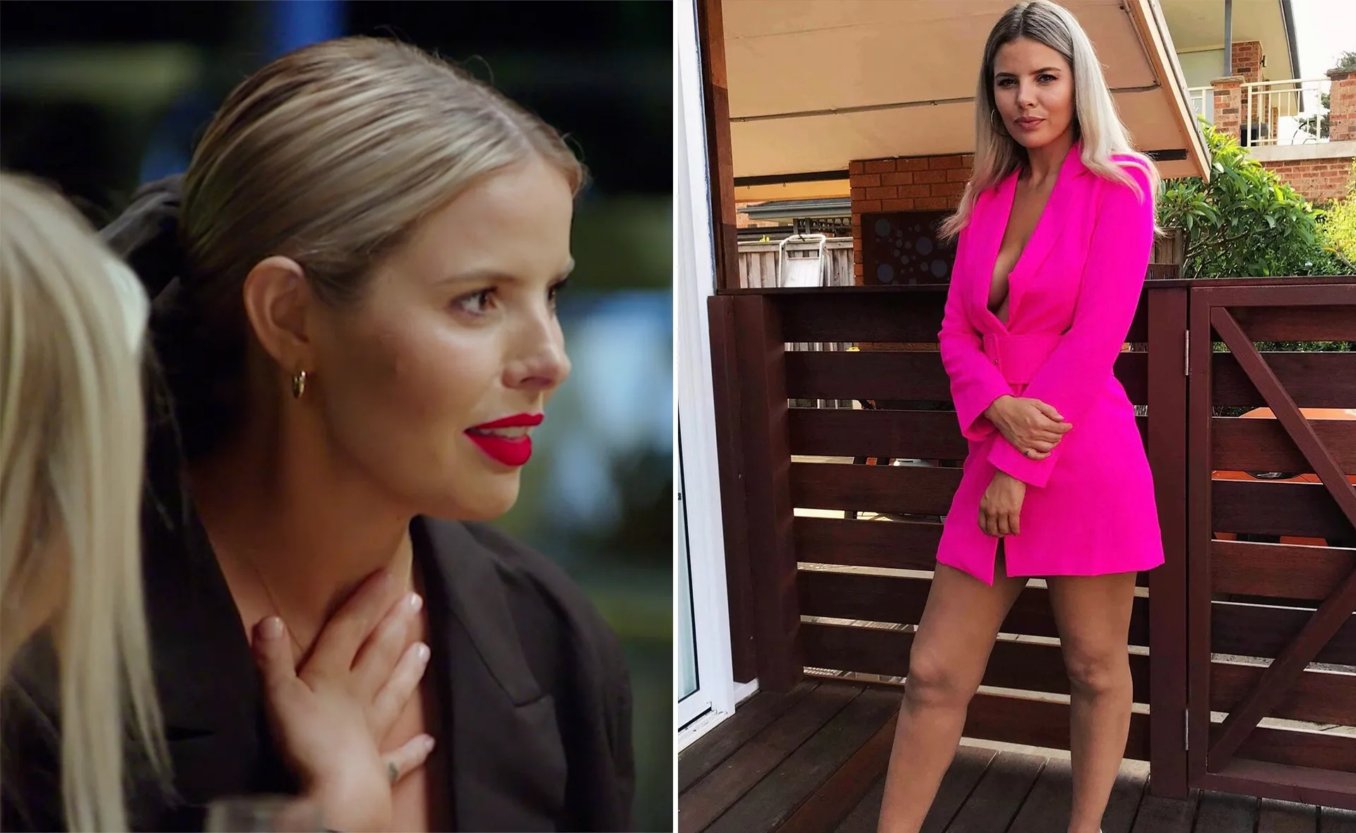 Blonde woman with red lipstick in two images; left with hand on chest, right in pink dress outside.