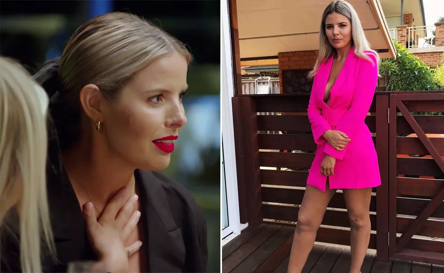 Blonde woman with red lipstick in two images; left with hand on chest, right in pink dress outside.