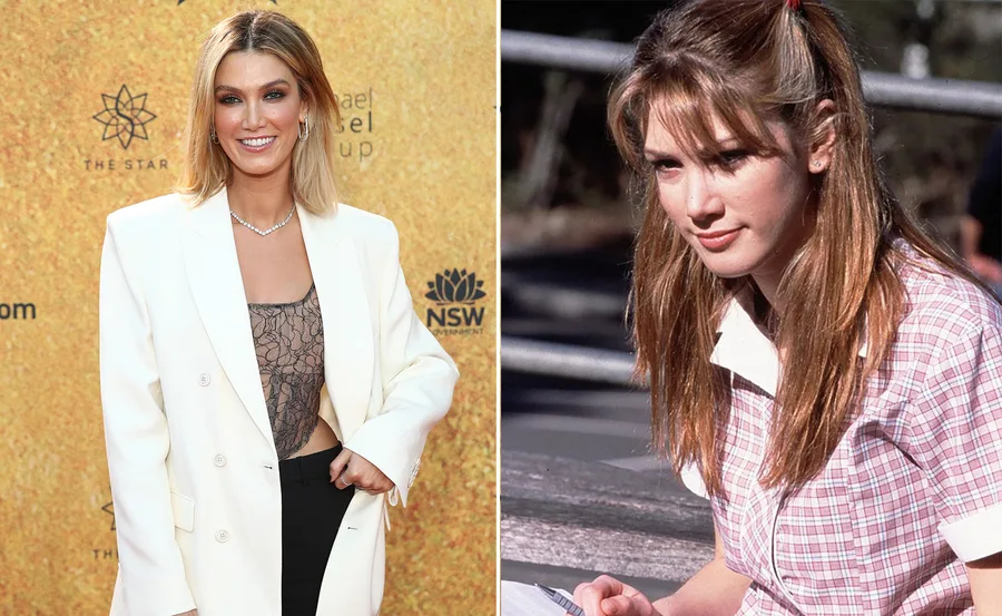 Two images of a woman: left in a white blazer at an event, right in a school uniform outside.