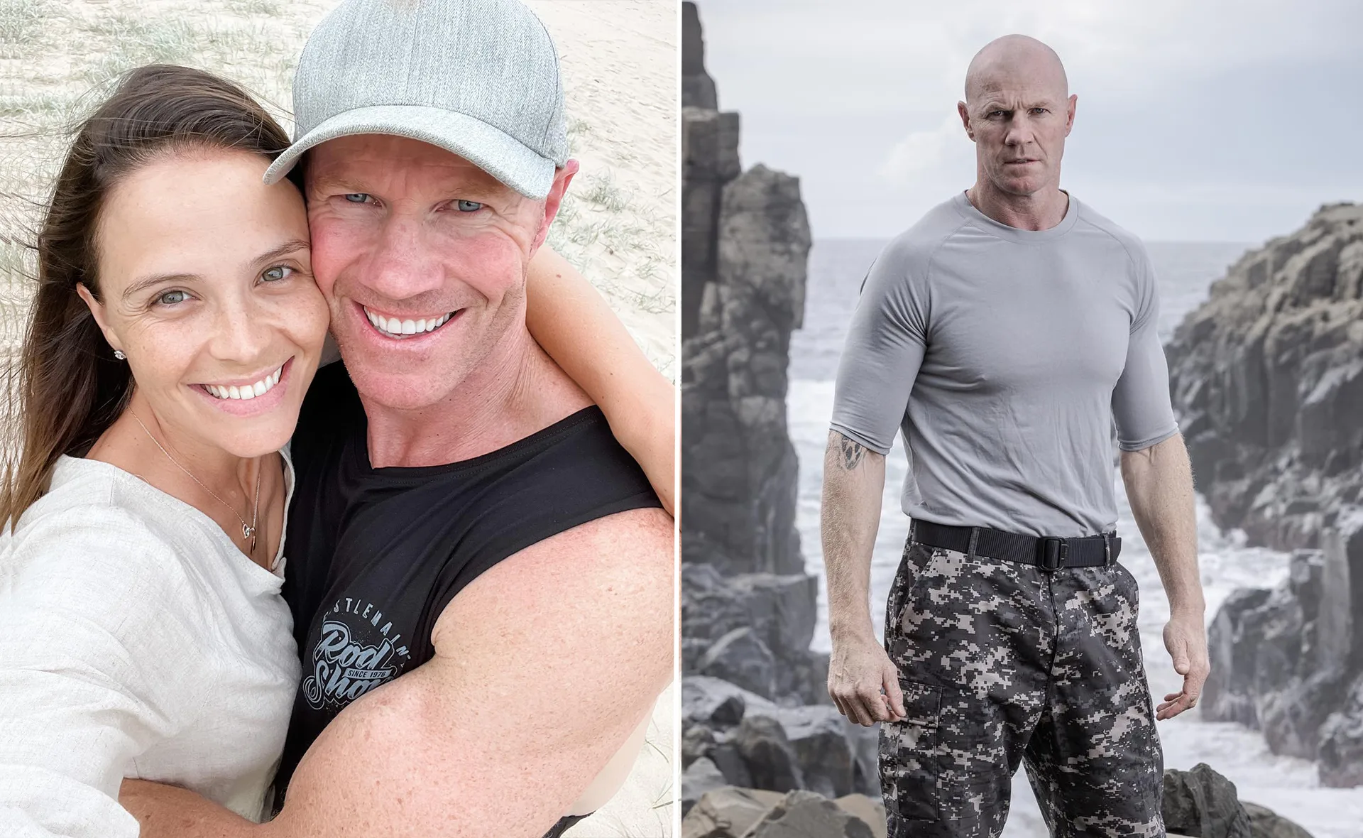 "Couple smiling outdoors; man in camo standing by rocky coast."