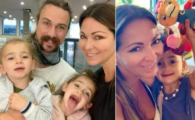 Family photo with Tania Zaetta, partner Chris Rogers, and their twins smiling at the camera.