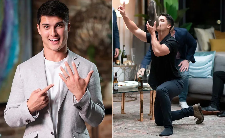 Man in a light suit pointing at ring, then doing a shoey at a party; excited expressions in both.