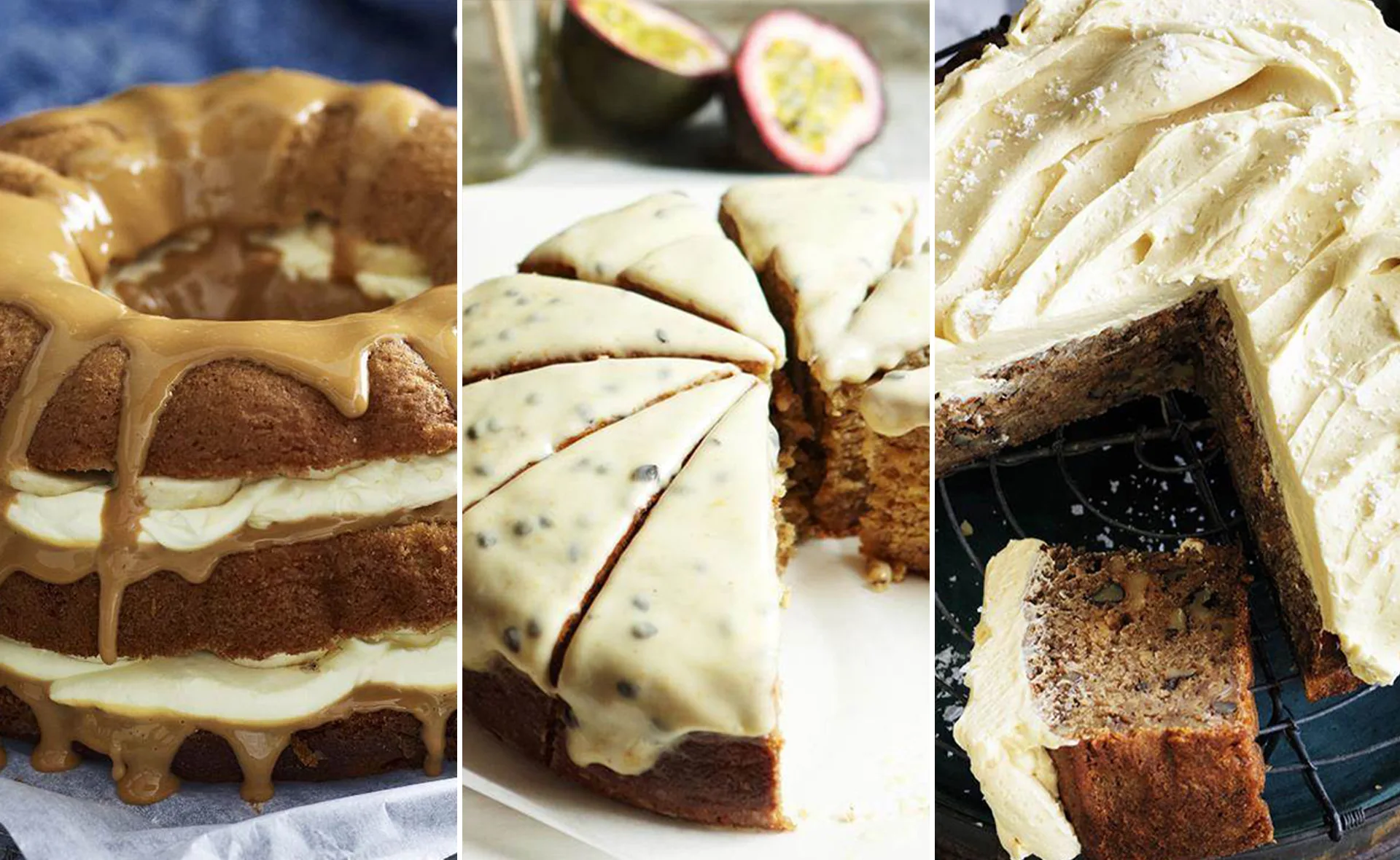Three different iced banana bread cakes, sliced and topped with various glazes.