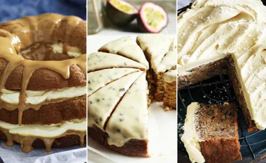 Three different iced banana bread cakes, sliced and topped with various glazes.