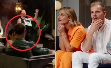 "Two split scenes: one with a film crew member holding a clapperboard, the other shows a surprised couple on a sofa."