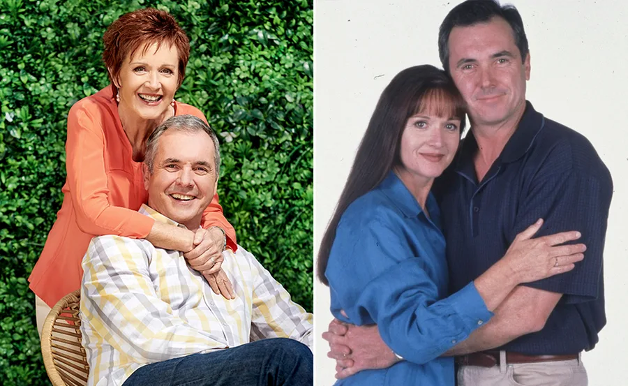 Two couples from "Neighbours": Left - smiling outdoors, Right - embracing against a plain background.