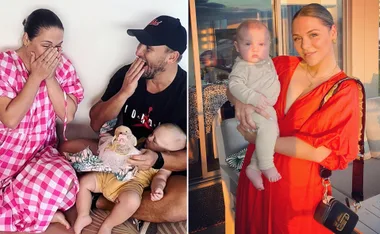 "Two-part image: woman in pink dress with baby, man in hat; woman in red dress holding baby outdoors."