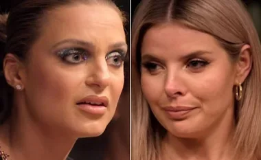 Two women from a reality show, one with dramatic makeup appearing surprised, and the other with blonde hair looking emotional.
