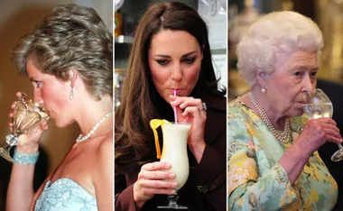 Three women drinking: left with a goblet, center with a cocktail, right with a glass of water. All dressed formally.