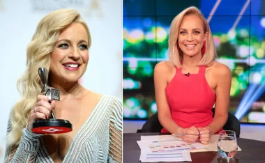 Woman holding an award on the left; same woman smiling and sitting at a news desk on the right.