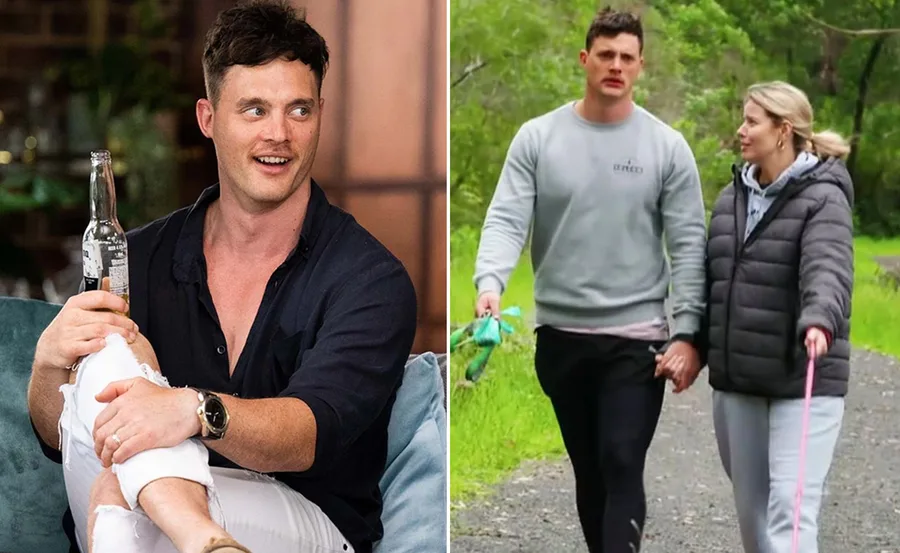 Man holding a drink on a couch; couple walking their dog outdoors.