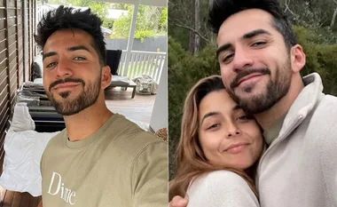 Two photos: a man smiling on a deck, and a couple hugging outdoors, both looking content.